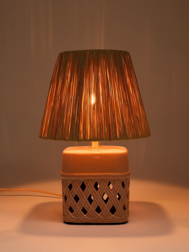 Oliver Bonas Pink Savina Ceramic Raffia Desk & Table Lamp - Image 2 of 5