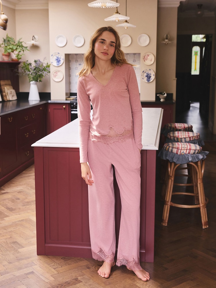 Pink Lace Detail Cosy Ribbed Long Sleeve Pyjamas - Image 2 of 5