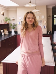 Pink Lace Detail Cosy Ribbed Long Sleeve Pyjamas - Image 3 of 5