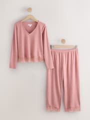 Pink Lace Detail Cosy Ribbed Long Sleeve Pyjamas - Image 6 of 8