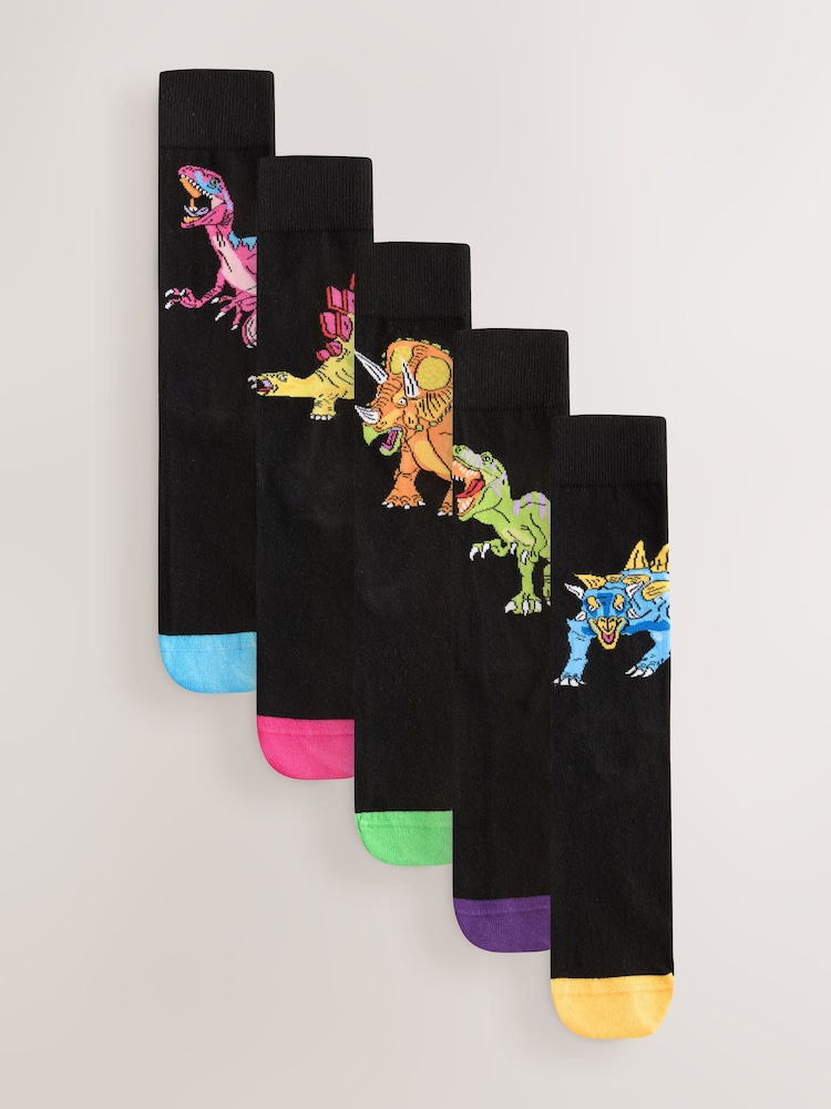 Black Bright Large Dinosaur - 圖案襪子 5 雙裝 - 圖片 1/8