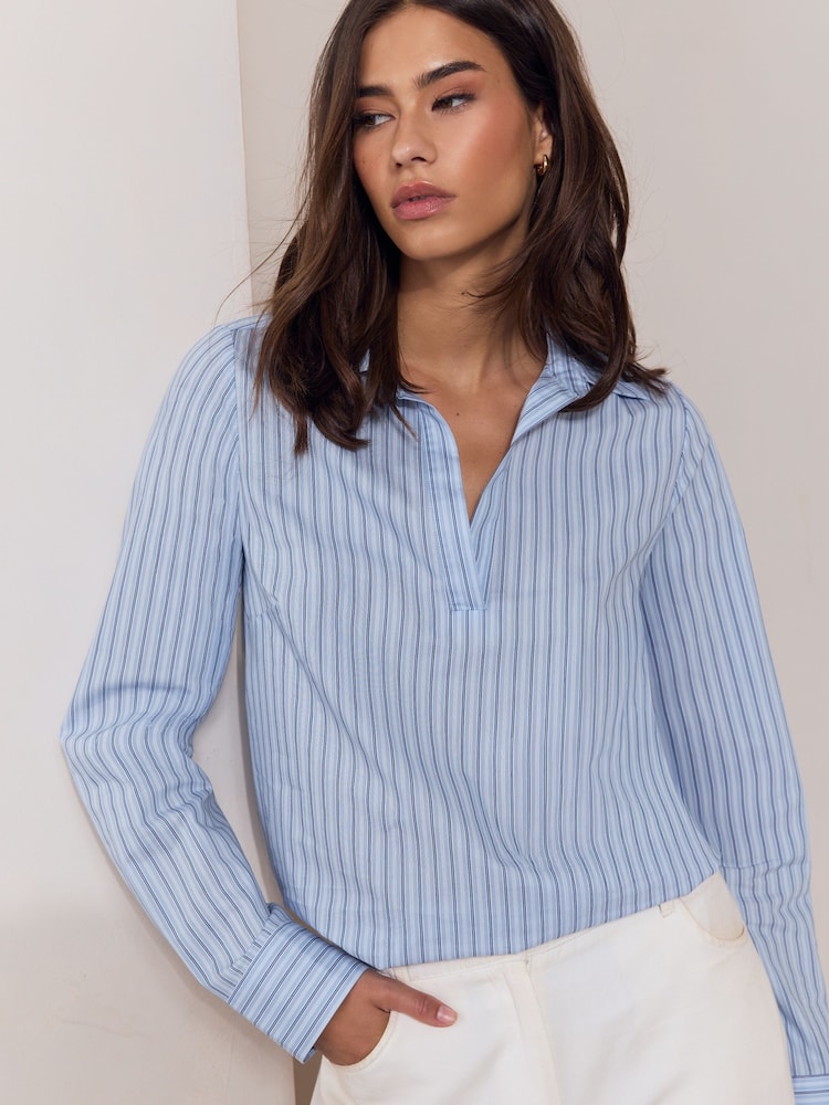 Bleu Rayure - Lipsy V-Neck Poplin Shirt - Image 1 de 5