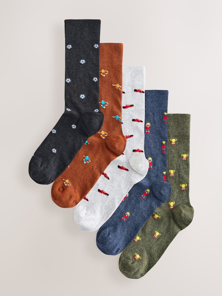 Green/Blue/Red Football Pattern Socks 5 Pack - Image 1 of 8 Green/Blue/Red Football Pattern Socks 5 Pack - Image 1 of 8