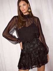 Lipsy Black Sheer Top Ruffle Hem Mini Dress - Image 2 of 6