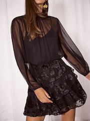 Lipsy Black Sheer Top Ruffle Hem Mini Dress - Image 4 of 6