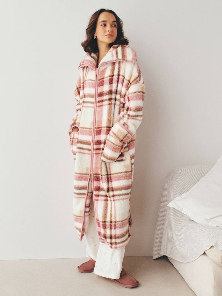 Pink Check Full Zip Teddy Robe - Image 1 of 8
