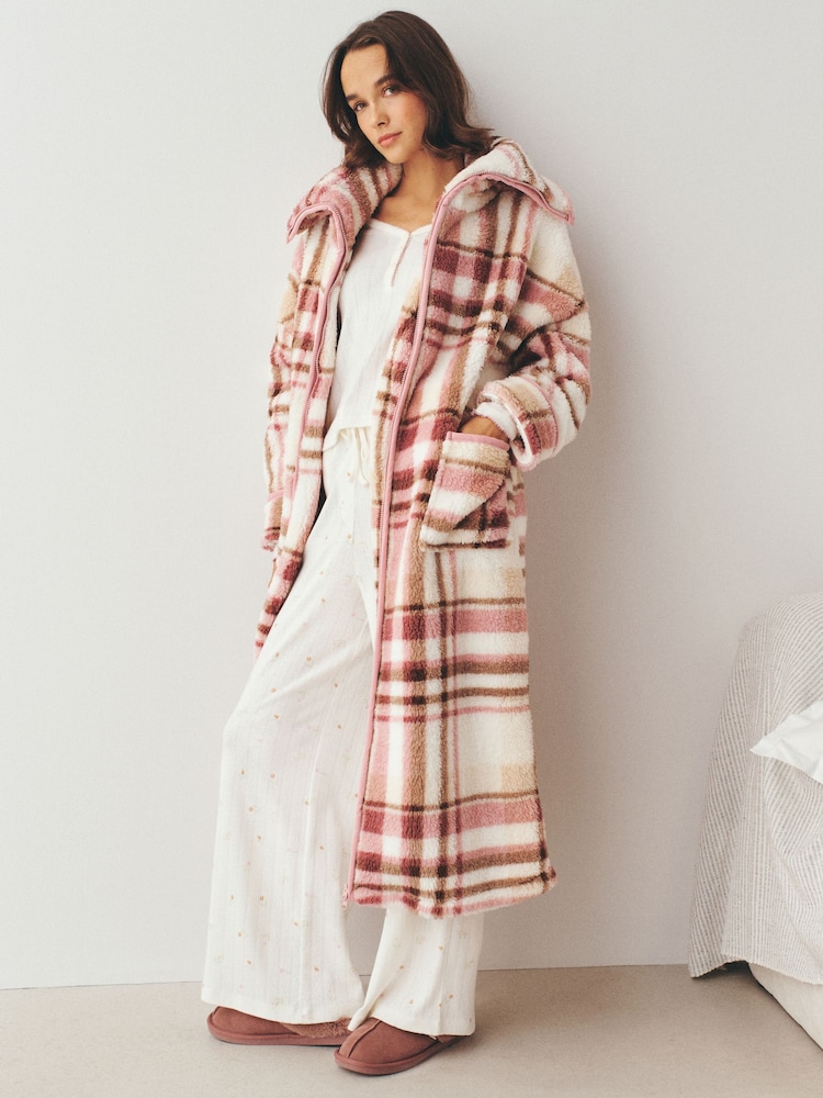 Pink Check Full Zip Teddy Robe - Image 2 of 8