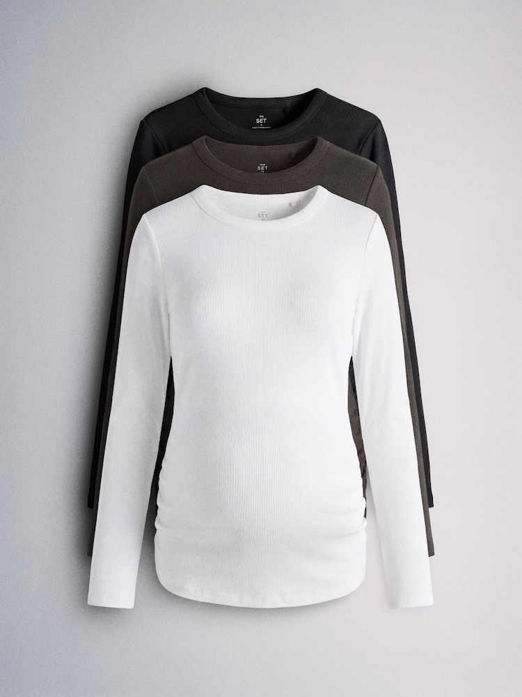 The Set 3 Pack Long Sleeve Ribbed Maternity T-Shirts Black/Chocolate Brown/White - Image 1 of 7