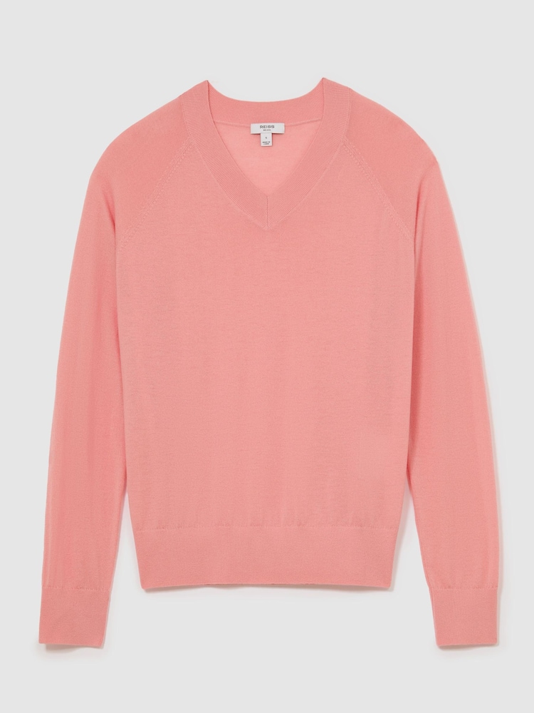 Reiss Pink Paris Merino Wool V-Neck Jumper - Image 2 of 6 Reiss Pink Paris Merino Wool V-Neck Jumper - Image 2 of 6