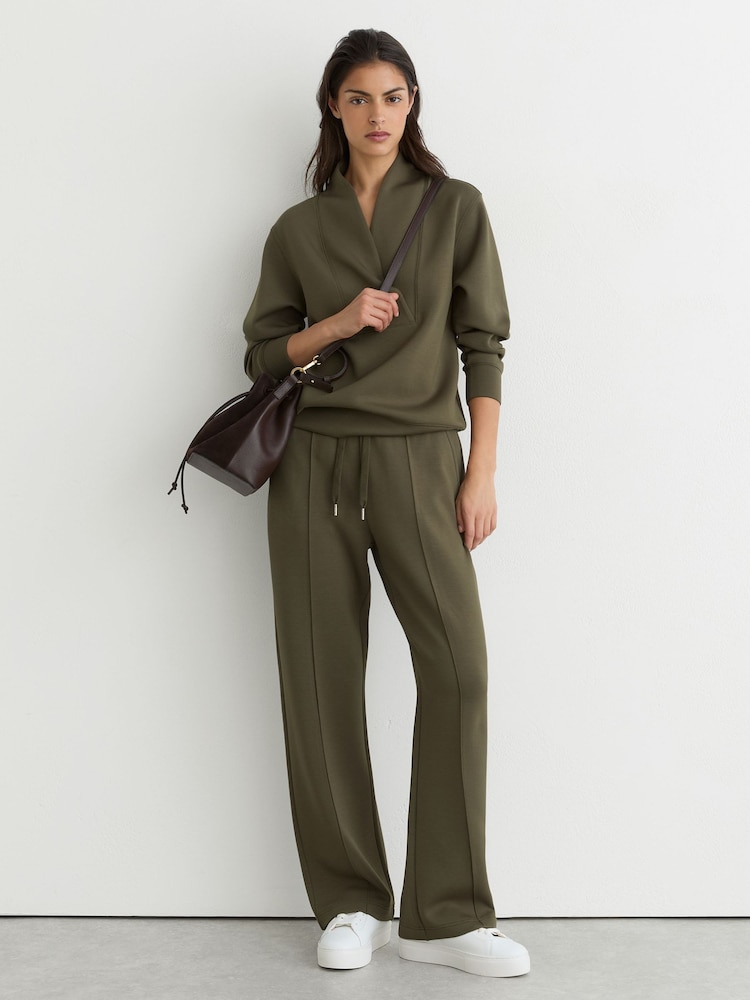 Reiss Khaki Green Annabel Premium Interlock Shawl-Neck Sweatshirt with Modal - Image 1 of 6 Reiss Khaki Green Annabel Premium Interlock Shawl-Neck Sweatshirt with Modal - Image 1 of 6