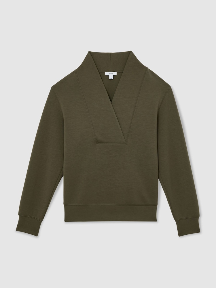 Reiss Khaki Green Annabel Premium Interlock Shawl-Neck Sweatshirt with Modal - Image 2 of 6 Reiss Khaki Green Annabel Premium Interlock Shawl-Neck Sweatshirt with Modal - Image 2 of 6