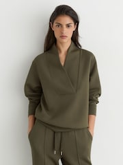 Reiss Khaki Green Annabel Premium Interlock Shawl-Neck Sweatshirt with Modal - Image 3 of 6