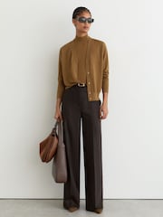 Reiss Camel Simi Merino Wool V-Neck Cardigan - Image 1 of 6