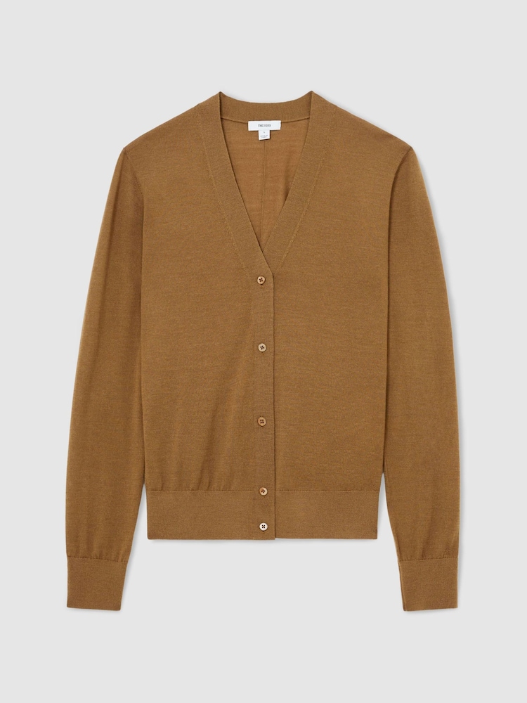 Reiss Camel Simi Merino Wool V-Neck Cardigan - Image 2 of 6 Reiss Camel Simi Merino Wool V-Neck Cardigan - Image 2 of 6