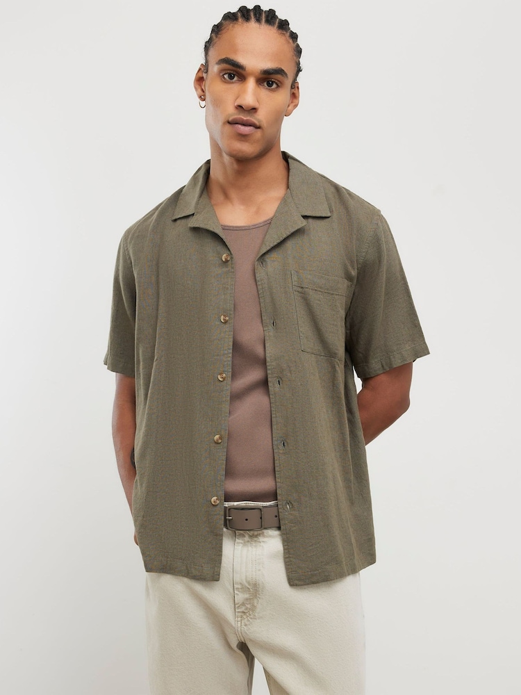 River Island Green Linen Blend Revere Shirt - Image 1 of 4 River Island Green Linen Blend Revere Shirt - Image 1 of 4