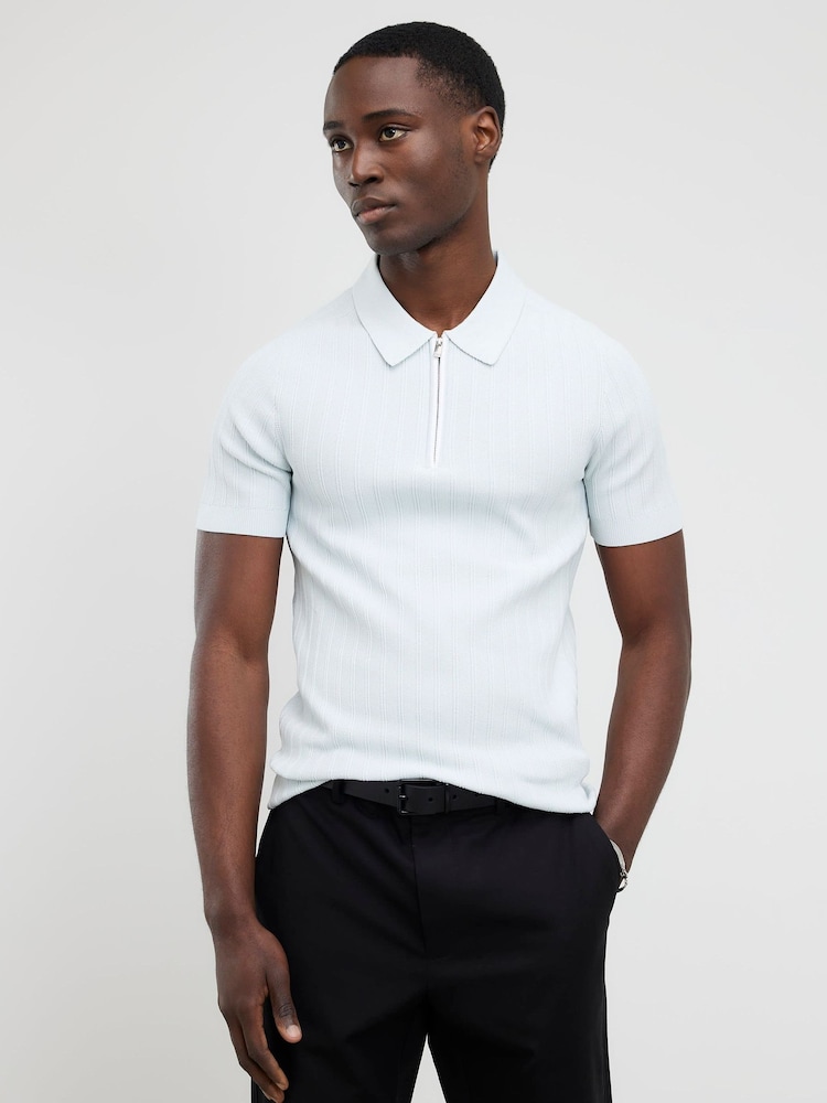 River Island Blue Muscle Fit Rib Polo Shirt - Image 1 of 4
