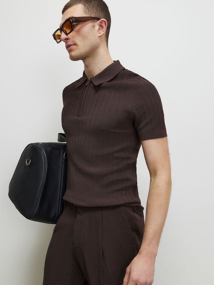 River Island Brown Muscle Fit Rib Polo Shirt - Image 2 of 4