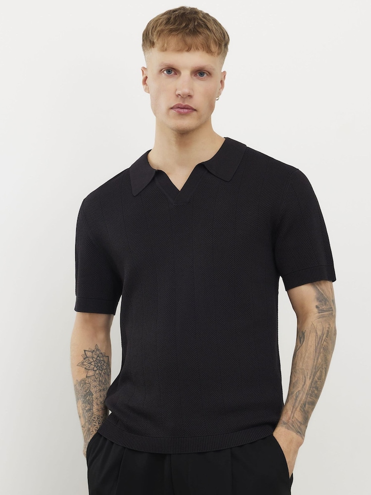River Island Black Slim Fit Glossy Open Collar Polo Shirt - Image 2 of 4 River Island Black Slim Fit Glossy Open Collar Polo Shirt - Image 2 of 4
