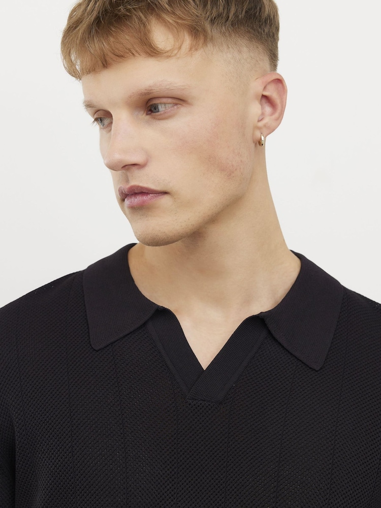 River Island Black Slim Fit Glossy Open Collar Polo Shirt - Image 4 of 4 River Island Black Slim Fit Glossy Open Collar Polo Shirt - Image 4 of 4