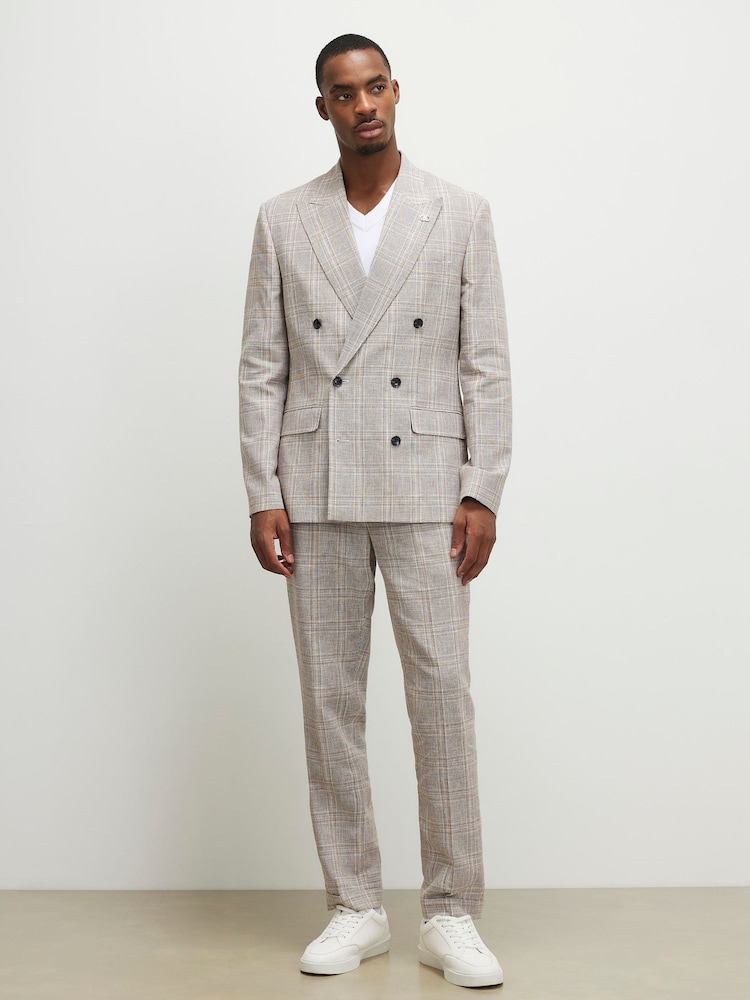 River Island Natural Slim Fit Linen Check Suit Trousers - Image 2 of 4