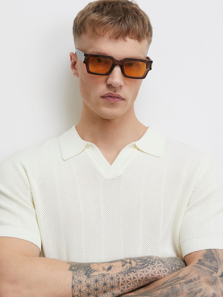 River Island White Slim Fit Glossy Open Collar Polo Shirt - Image 4 of 4