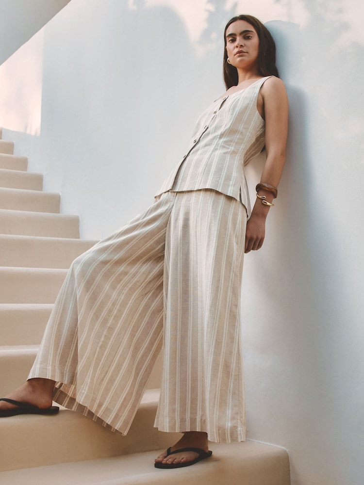 Albaray Cream Wide Leg Linen Stripe Trousers - Image 1 of 6 Albaray Cream Wide Leg Linen Stripe Trousers - Image 1 of 6