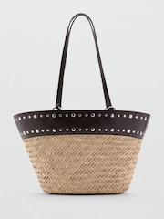 Mango Brown Straw Studded Detail Tote - Image 1 of 3