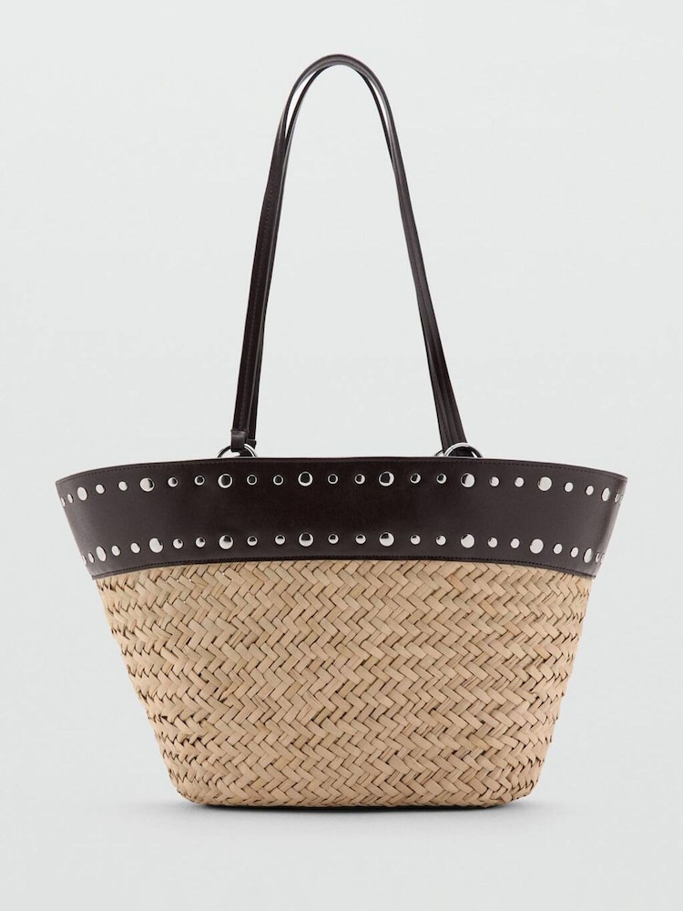 Mango Brown Straw Studded Detail Tote - Image 1 of 3