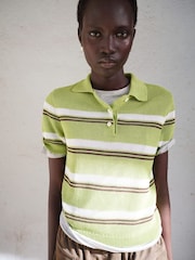 Mango Green Short Sleeve Stripey Knitted Polo Shirt - Image 1 of 5