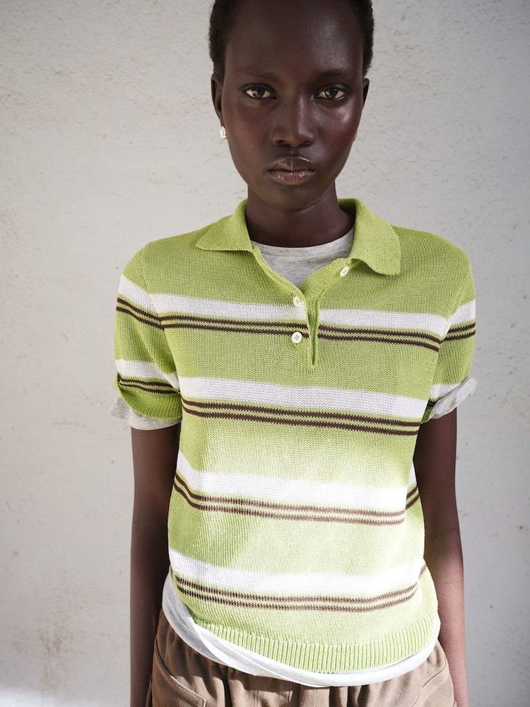 Mango Green Short Sleeve Stripey Knitted Polo Shirt - Image 1 of 5