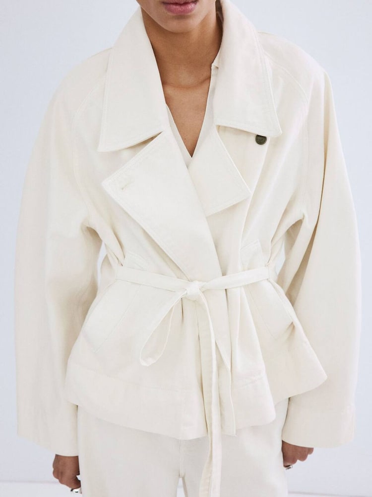 Mango White Tie Waist Cotton Trench Jacket - Image 1 of 6
