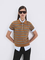 Mango Brown Striped Polo Knit Top - Image 1 of 5
