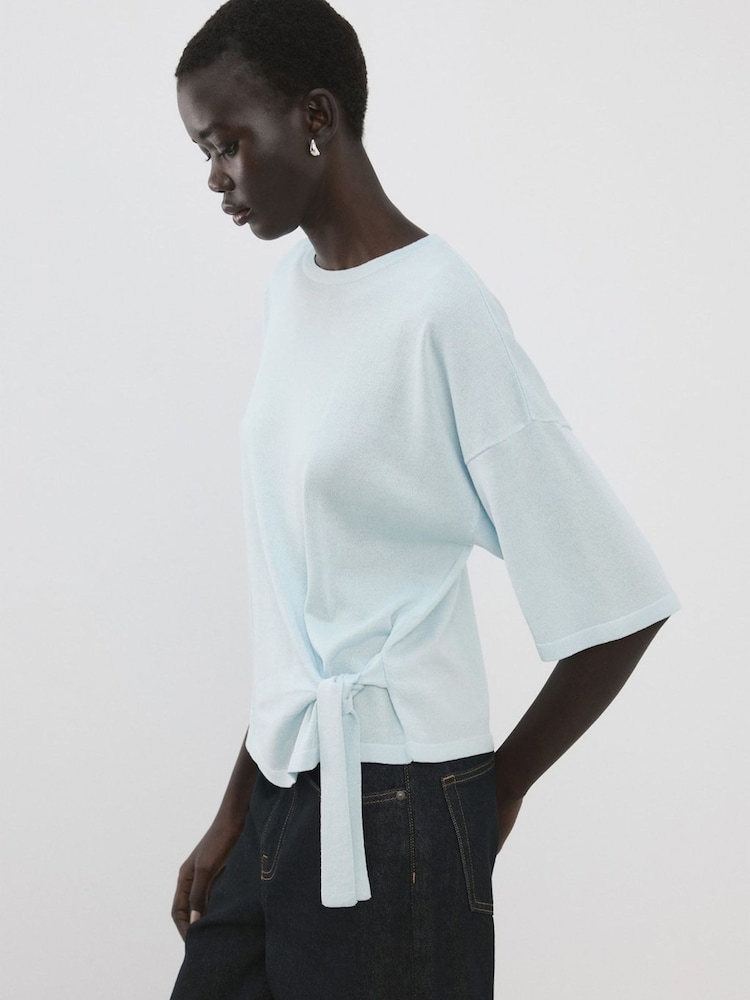 Mango Blue Tie Front Knitted T-Shirt - Image 1 of 5