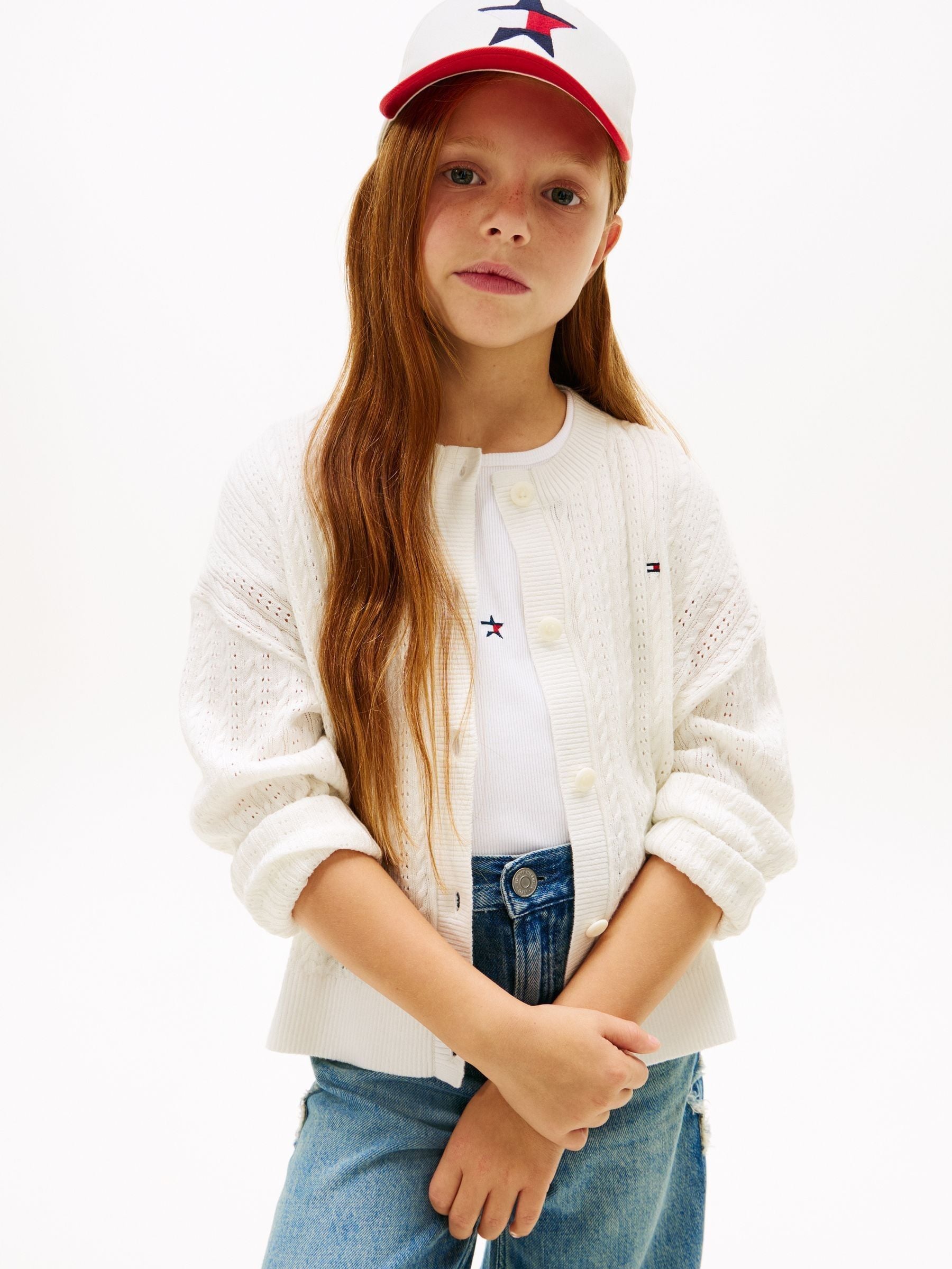 Buy Tommy Hilfiger White Pointelle Cable Knit Relaxed Cardigan