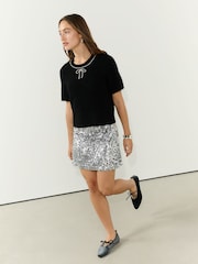 Black Embellished Crew Neck Short Sleeve Jumper with Wool - Image 2 of 8