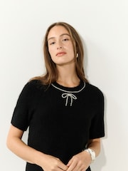 Black Embellished Crew Neck Short Sleeve Jumper with Wool - Image 3 of 8