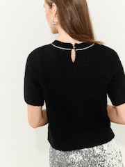 Black Embellished Crew Neck Short Sleeve Jumper with Wool - Image 4 of 8