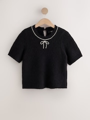 Black Embellished Crew Neck Short Sleeve Jumper with Wool - Image 6 of 8