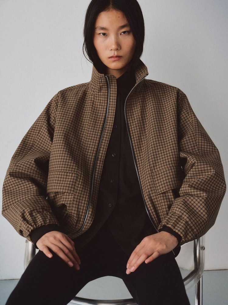 Mango Brown Checked Funnel Neck Double Zip Bomber Jacket - Image 1 of 5