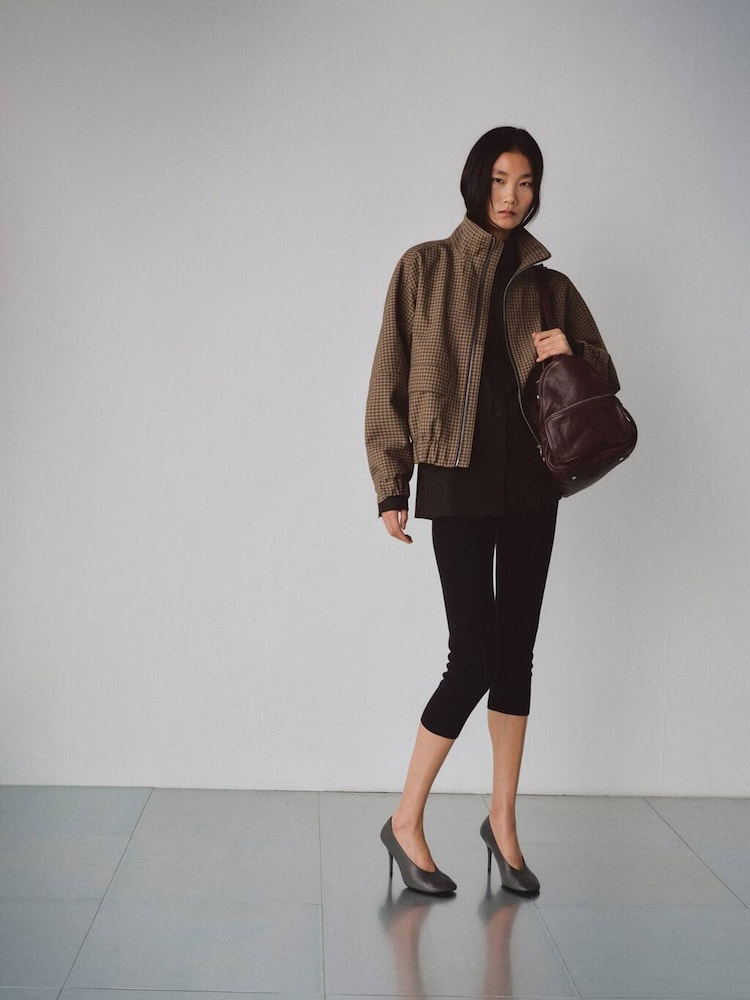 Mango Brown Checked Funnel Neck Double Zip Bomber Jacket - Image 2 of 5