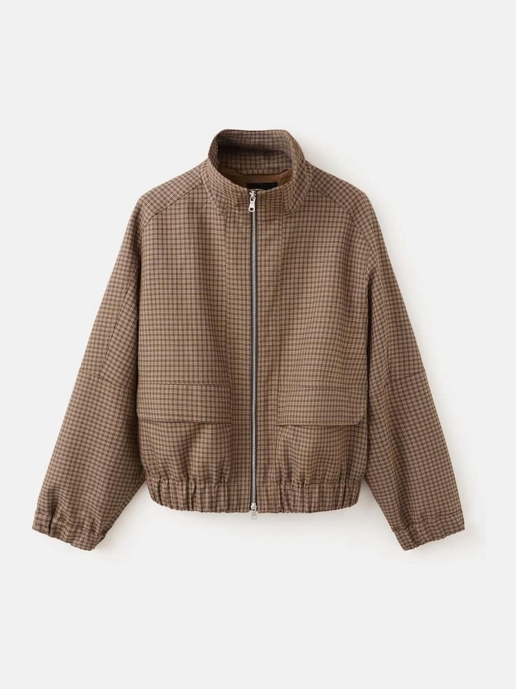 Mango Brown Checked Funnel Neck Double Zip Bomber Jacket - Image 5 of 5