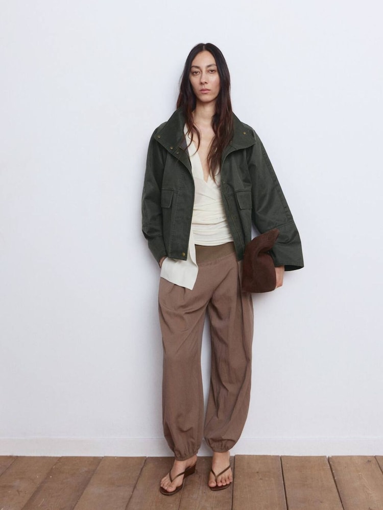 Mango Green Cotton Blend Funnel Neck Pocket Jacket - Image 1 of 6