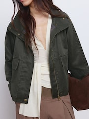 Mango Green Cotton Blend Funnel Neck Pocket Jacket - Image 4 of 6