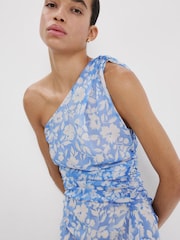 Mango Blue One Shoulder Ruched Midi Dress - Image 4 of 5