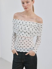Mango White Polka Dot Long Sleeve Strapless Top - Image 1 of 5