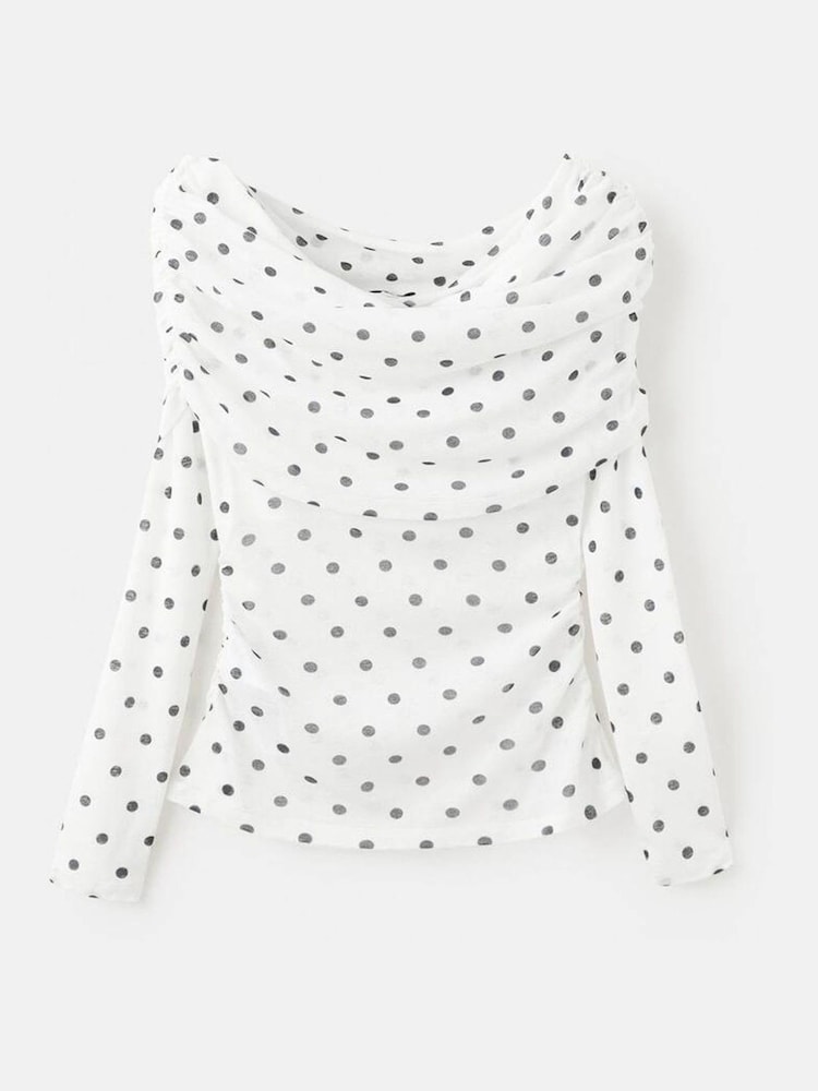 Mango White Polka Dot Long Sleeve Strapless Top - Image 5 of 5