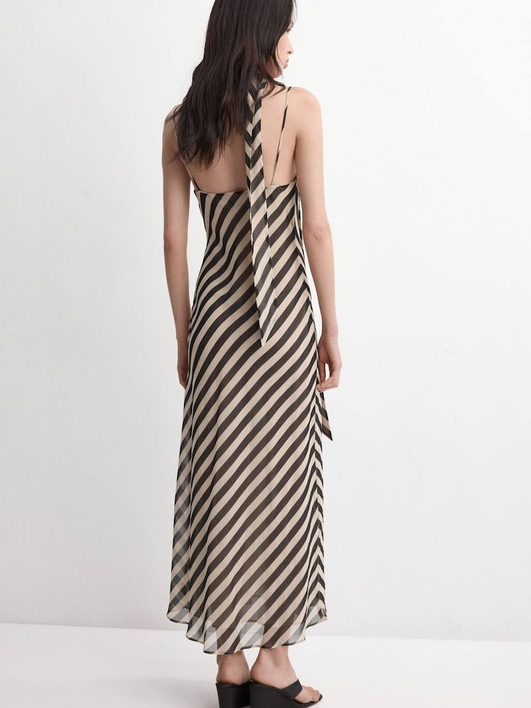 Mango Cream Stripey Neck Tie Cowl Neck Strappy Maxi Dress - Image 2 of 5
