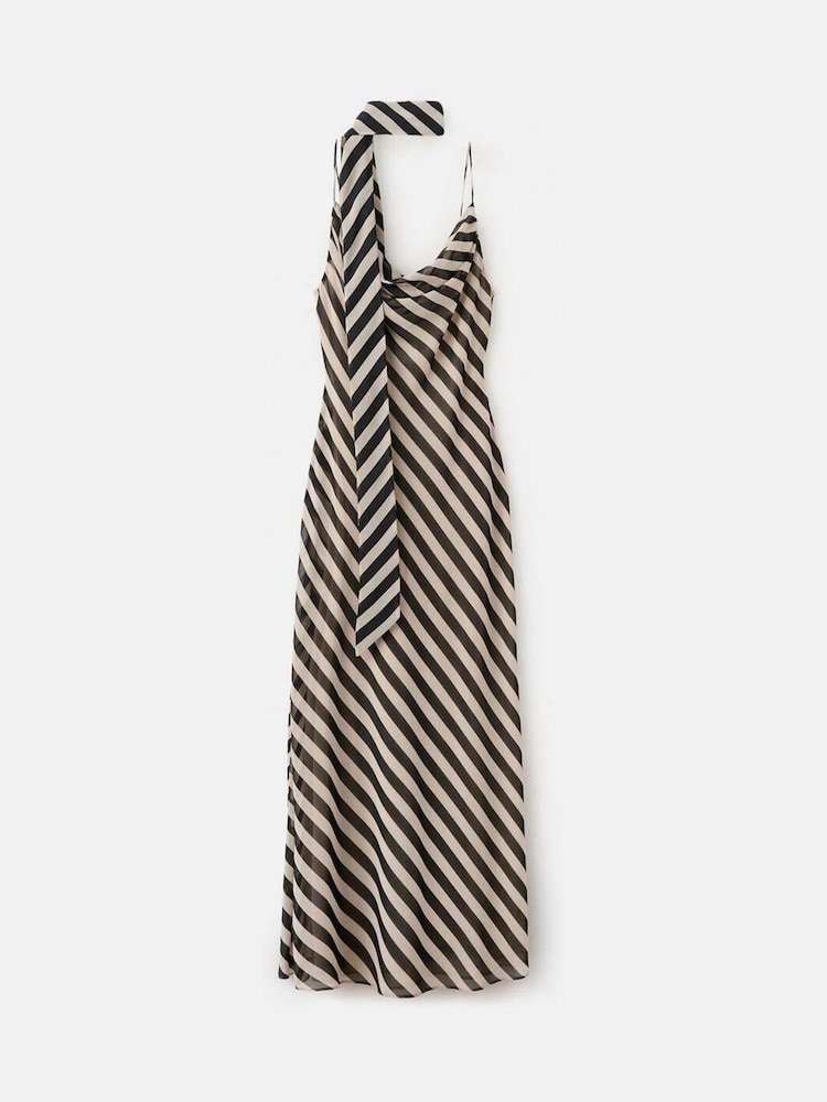 Mango Cream Stripey Neck Tie Cowl Neck Strappy Maxi Dress - Image 5 of 5