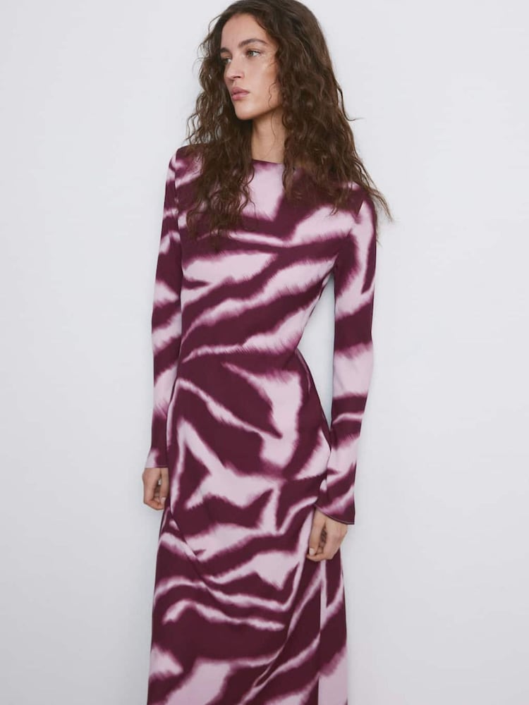 Mango Purple Long Sleeve A-Line Animal-Print Midi Dress - Image 2 of 3 Mango Purple Long Sleeve A-Line Animal-Print Midi Dress - Image 2 of 3