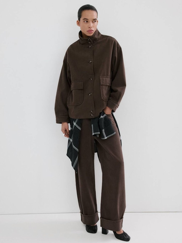 Mango Brown Button Up Funnel Neck Jacket - Image 1 of 5 Mango Brown Button Up Funnel Neck Jacket - Image 1 of 5